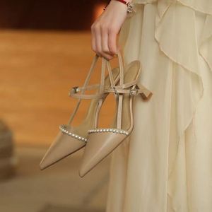 stylishbox T2021042303 IVORY/BEIGE POINTED TOE SANDALS CALF SKIN GENUINE LEATHER SLING BACK 5.5cm Heels