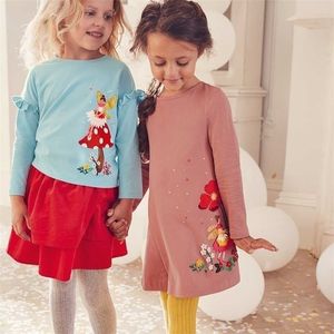 Liten mavenflickor klä eleganta blommiga kläder 100% bomull Soft Material Kids Love Casual för barn 2 till 7 år 211110