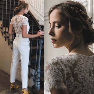 Spitze Applique Jumpsuits Brautkleid für Frauen 2022 Sonderanfertigte V-Ausschnitt Land Elegante Elfenbeinhose für Hochzeiten Robe de Mariee