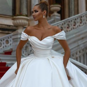 Ball Princess Gown Satin Elegant Wedding Dresses Off The Shoulder Pleat High Quality Bridal Gowns Vestido De Novia S