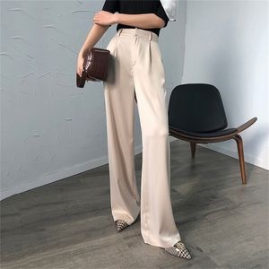 Bella Maxi Pants For Women High Waist Zipper Pocket Summer Vintage Street Wear Long Trouser Glossy Satin Elegant Pant 210707
