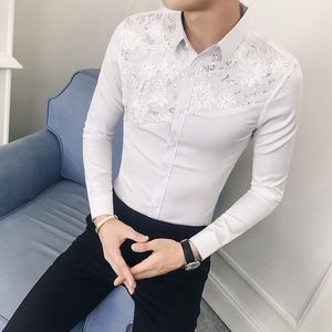 Męskie ubranie koszule Masculina Camisa 2021 jesień seksowna koronkowa patchworkowa koszula z nadrukiem moda z długim rękawem klubowy smoking