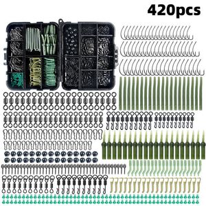 20 Sets 420Pcs/Box Carp Fishing Tackle Kit Swivels Hooks Anti Tangle Sleeves Hook Stop Beads Boilie Bait Screw Accessories Storage Box