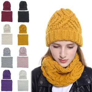Mulheres inverno quente cor sólida de malha chapéu e lenço dois pedaços conjunto moda beanie bib lenços