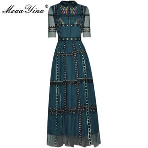 Модный дизайнер женский поворотной воротник с высокой талией нашивку вышивки винтажные сетки платье лето элегантное платье вечеринка 210524