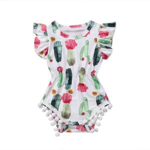 Lioraitiin 0-24m New Fashion Nyfödda Baby Girls Romper Off Shoulder Playsuit Cactus Kläder Outfit Baby växer G1221