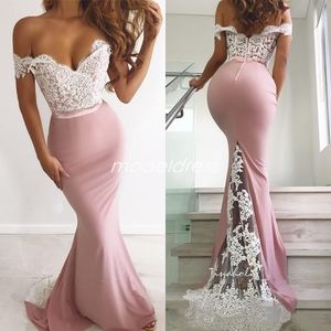 2021 Off Ramię Druhna Dresses Backless Sweep Pociąg Aplikacje Illusion Gorn Garden Country Arabski Suknia Gościnna Gościnna Goście Honor