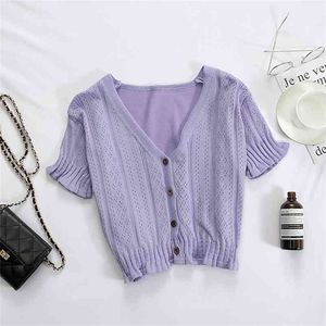 Heliar Tシャツの女性紫色のVネックボタンアップ夏のティー半袖編み物カジュアルストリートの編み物はトップス210623のためのTシャツTシャツ