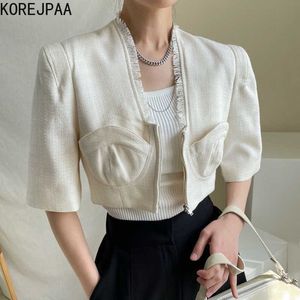 Korejpaa 여성들은 여름 한국어 세련된 우아한 목걸이 프린지 엣지 스티치 지퍼 더블 포켓 5 점 슬리브 코트 210526을 설정합니다.