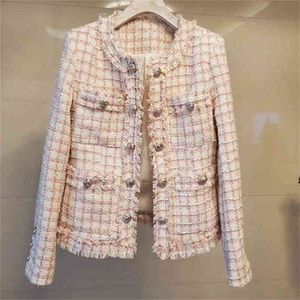 Элегантные женские жемчужные кнопки Tweed Куртка осень зима кисточки для мытья верхняя одежда Office Lady OL Foral O-шеи пальто 210603
