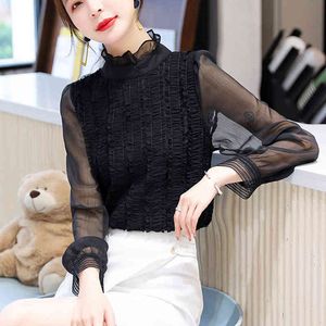 Ruffle Bottoming Blouse Shirts See through Top Women Sexy Chiffon Long Sleeve black 620i 210420