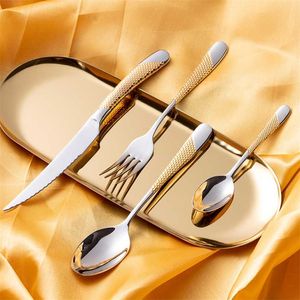 24Pcs KuBac Hommi Gold Plated Stainless Steel Dinnerware Set Dinner Knife Fork Cutlery Set Service For 4 Drop 211108