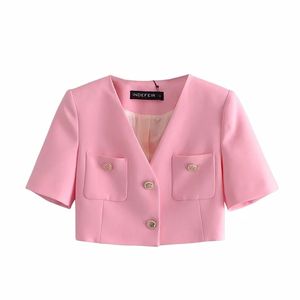 Eleganta kvinnor rosa tweed cropped blazer jacka sommar singel breasted dubbla fickor kort ärm jacka coat chic toppar 210521