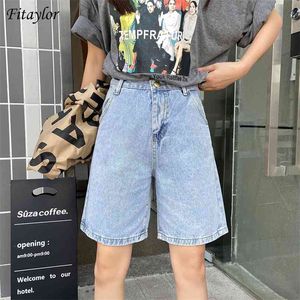 FuitAylor Summer Women High Waist Wide Leg Black Denim Shorts Casual Kvinna Lös Straight Button Jeans Bermuda 210719