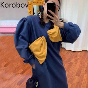 Korobov Koreanska Chic Vintage Sweet Bow Kvinnor Klänning Kontor Lady Puff Sleeve O Neck Hit Färgklänningar Höst Nya Vestidos 210430