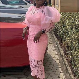 Damer rosa spets klänning lång lykta ärmar bodycon patchwork tulle date middag eleganta kläder blygsamma afrikanska klänningar för kvinnor 210416