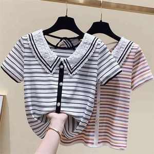 WWENN летняя футболка женская одежда корейских топов футболки кружевные полые кнопки оттулки о воротнике TEE рубашка с коротким рукавом 210507