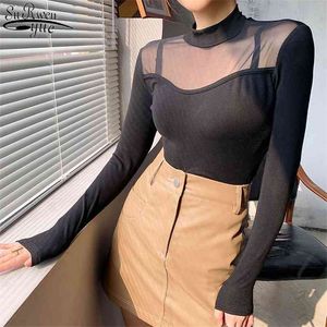 Осенний зимний стиль сексуальная клюшка блузка женская половина высокого воротничка сетки нижних рубашек мода Slim 12569 210521