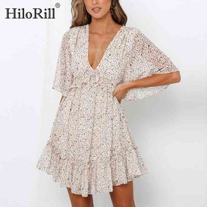 Women Back Hollow Out Print Mini Dress Summer Deep V Neck Boho Beach es Short Sleeve Ruffle Chiffon Party 210508