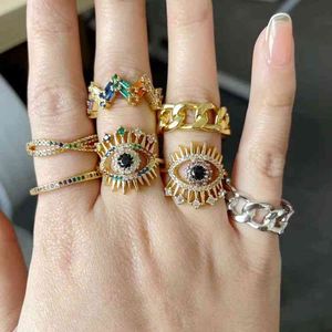 Wholale Gold Plated Iced Out Cubic Zirconia Evil Ey Adjustable Rings For Women Rainbow Colour Rings