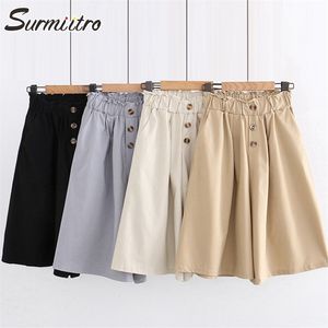 Mode sommar koreansk stil bomull bredben capris kvinnor kort byxor hög elastisk knopp midja shorts kjolar kvinnlig 210421