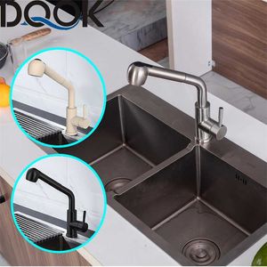 DQOK Brushed Nickel Kitchen Faucets Single Hole 360 Degree Swivel Pull Out Black Kitchen Sink Faucet Mixer Stainless Steel Tap 211108