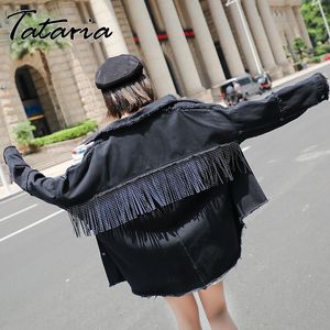 ヴィンテージの女性の黒のデニムジャケットの緩いコートスパンコールのタッセル街路洗濯長袖カジュアルジャンジャケット210514