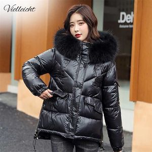 Vielleicht Women Winter Hooded Thick Short Jacket Solid Casual Glossy Warm Cotton Padded Parkas Fur Collar Coat 211013