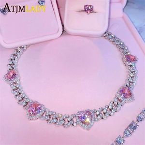 Iced Out Bling Cubic Zirconia 11mm Miami Cuban Link Chain Hearts Collana Pink Heart CZ Charm Choker Gioielli Hiphop per le donne 220218