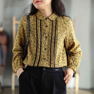 Johnature Print Flower Perter Pan Collar Casual Loose Blouses Vintage Vinter Kvinnor Toppar Bomull Lace Mori Girls Shirts 210521