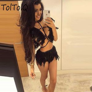 Goth Real Feather 2 Piece Outfits Kvinnor Sexig Cardigan Crop Top Fluffy Black Kjolar Två Piece Set Party Clubwear Matching Sets X0709