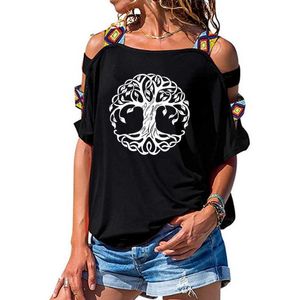 Mandala Circle Trees T-Shirt Albero Donna Cotone sciolto Manica corta T-shirt donna Moda Scava fuori Spalla Tees X0628