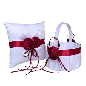 White Wedding Basket Pillow Set with Red Satin Rose Bowknot Ring Bearer Pillows and Bride Flower Girl Baskets H-5663
