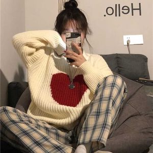 Korean Winter Sweet Heart-shaped Pattern Sweater Vintage Harajuku Style Full Sleeve Pullovers Loose Knitting Casual Sweater 211103