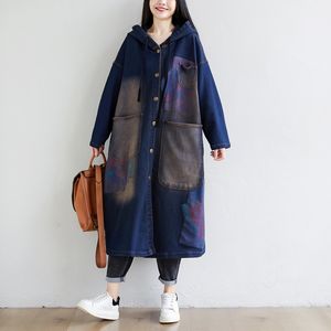 Johnature Women Vintage Denim Bomull Hooded Parkas Knapp Blå Tjocka Vajor Vinter Patchwork Fickor Parkas Långrockar 210521