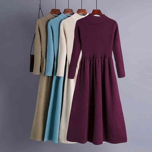 ニットエレガントな女性のセータードレス秋冬の厚い暖かいMidiの緊密なソリッドオフィスレディースAラインES 210420