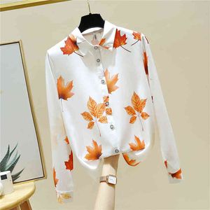 Höst Koreanska Stil Kvinnors Slå ner Krage Långärmad Maple Leaf Print Shirt Office Ladies Bluse Shirts A4432 210428