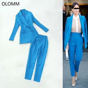 Calças femininas profissionais ternos outono de alta qualidade Azul terno jaqueta feminino feminino fina blazer cintura alta calças 210527