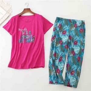 Korean Summer Women Pajamas Cotton Cute Print Pajama Set Top + Capris Elastic Waist Plus Size 3XL Lounge pijamas S95610 210421