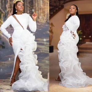 Aso arabiska dubai ebi plus size sjöjungfru aftonklänningar långa ärmar hög sida split ruffles organza kjol formell klänning prom klänningar skräddarsydd