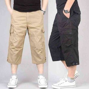 Summer Men's Casual Cotton Cargo Shorts Overalls Long Length Multi Pocket Hot breeches Military Capri Pants Male Cropped Pants H1206