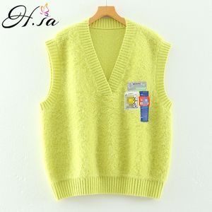 H.SA Women for Spring Knitwear Cartoon Embroidery Pink Sleeveless Sweater Knit Vest V neck Pull Jumpers 210417