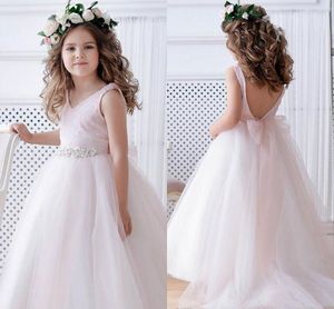 Blush cor-de-rosa aberto de volta flor menina vestidos brilhantemente longo vestido de casamento formal crianças festa festa aniversário de aniversário