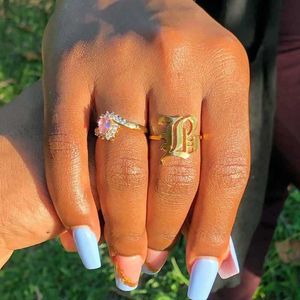 Initial Letter Rings for Women Open Stainless Steel Gold Ring Gothic Old English Vintage Boho Jewerly Bff Anillos Mujer Femme