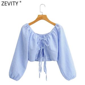 Zevity Kobiety Sexy Lace Up Plaid Drukuj krótka bluzka żeński latarnia rękawa Slim Koszula elegancka Wysoka talia Blusas Topy LS7635 210603