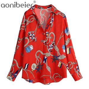 Mulheres Moda Impressão Vermelho Blusa Feminina V Neck Manga Longa Camisa Casual Senhora Solta Smock Tops Blusas 210604