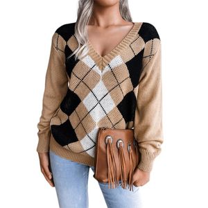 Women's Sweaters Women Clothing Autumn Casual V-Neck Knitted Acrylic Elegant Long Sleeve Argyle Print Loose Jumper Tops