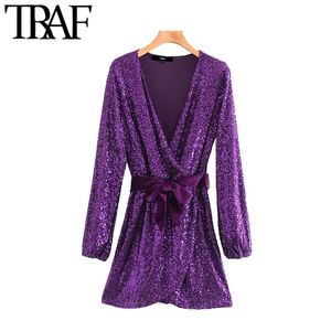 TRAF kvinnor vintage sexig djup v nacke sequin wrap mini klänning mode långärmad båge slips sammet sashes fest klänningar chic vestidos 210415