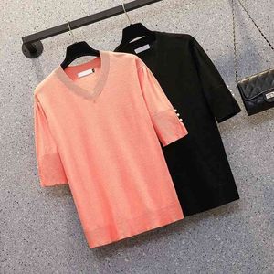 M-4XL Plus Size Women Summer Kint T-shirt Top Loose Casual Short Sleeve V Neck-knapp överdimensionerad tröja Pullover Jumper 210604