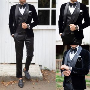 Czarny Velvet Groom Wedding Tuxedos Mens Party Prom Spodnie Garnitury Płaszcz Biznes Nosić Outfit 2 sztuki